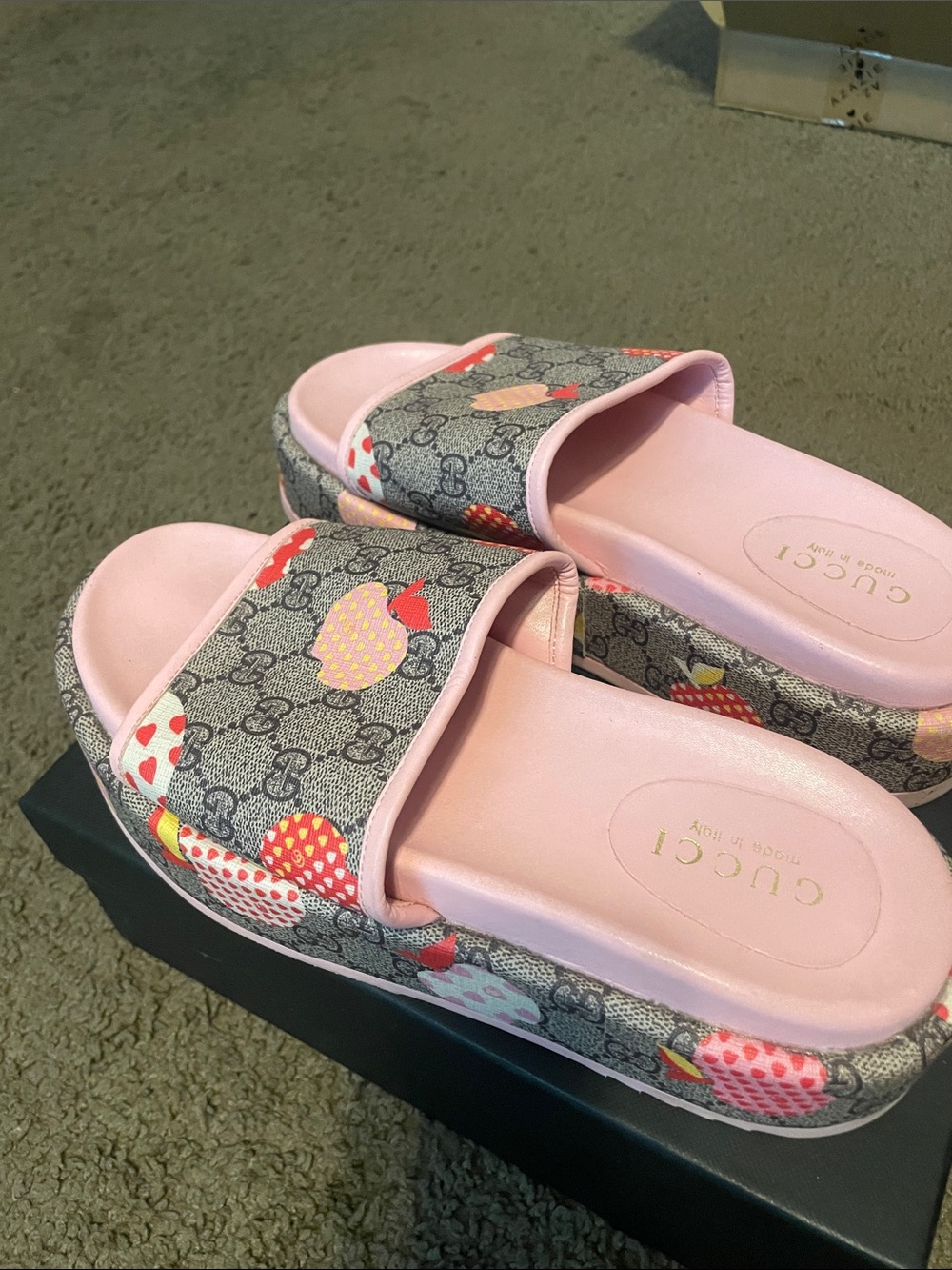 Gucci Pink Strawberry Print Platform Slide Sandals